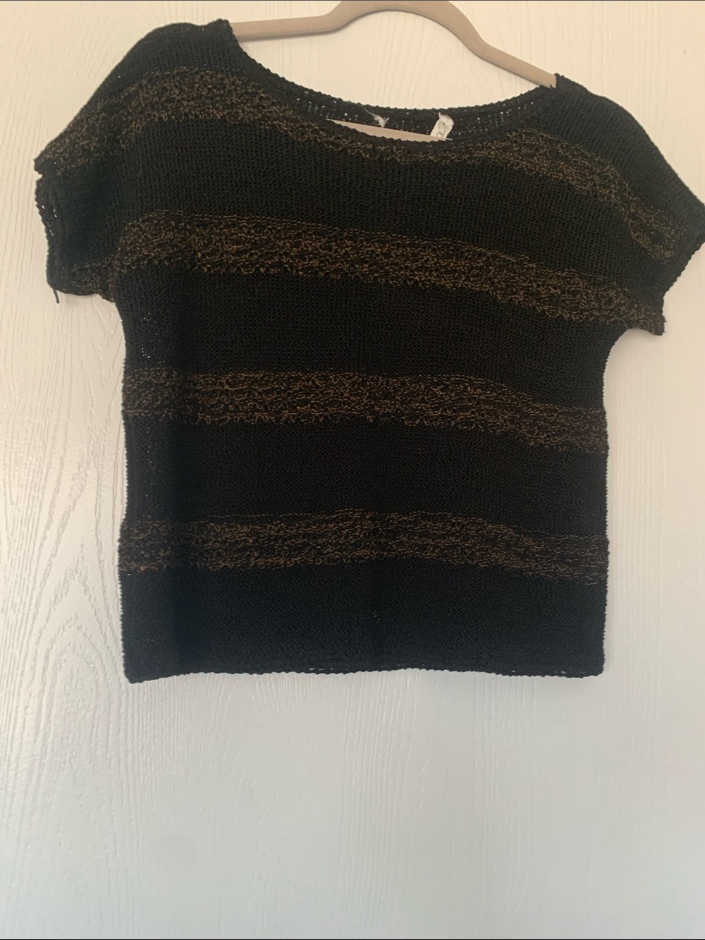 Women's Black Crew Neck Sweater with Gold Metallic Stripes